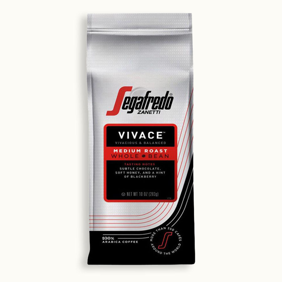 A 10 oz (283g) bag of Segafredo Zanetti® Coffee Vivace Medium Roast—Latin American blend whole beans with notes of chocolate, caramel, honey, and blackberry.