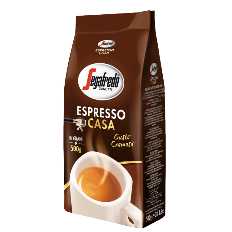 The Segafredo Zanetti® Coffee Espresso Casa Whole Bean, in a brown and white 500g bag, combines Arabica and Robusta for a rich flavor. The packaging displays a coffee cup with creamy espresso, emphasizing its medium roast profile.