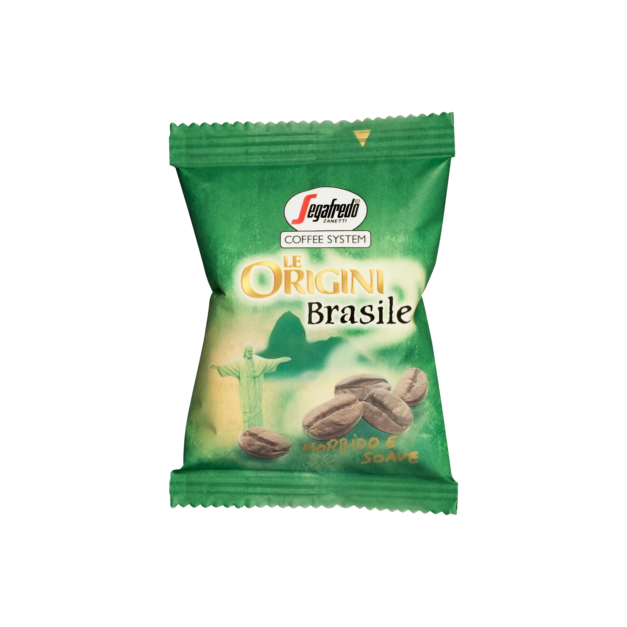 A green Segafredo Zanetti® Coffee packet labeled "Le Origini Brasile" with an image of coffee beans and a statue, featuring text "Morbido & Soave." The Brazilian Single Origin Espresso Single-Serve Cartridges highlight the rich flavors from the Nossa Senhora da Guia plantation.