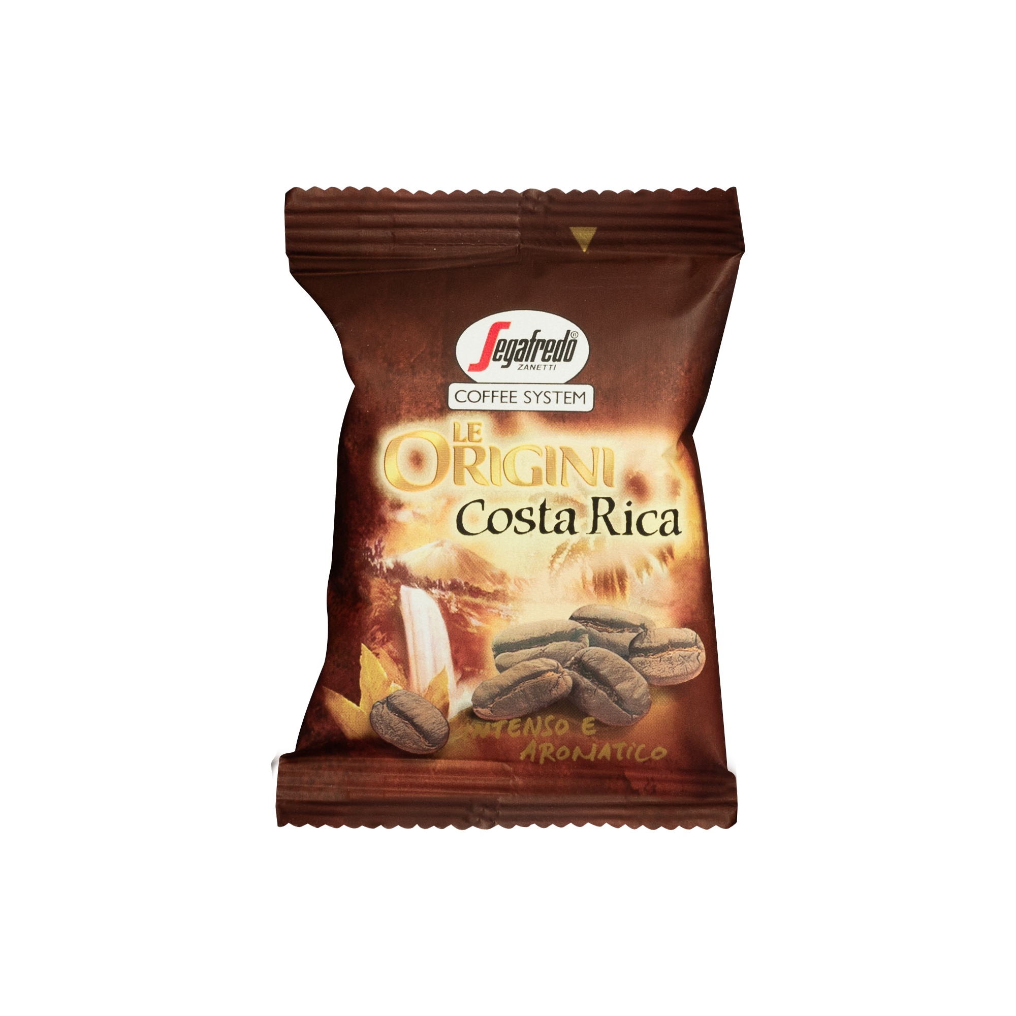 Small brown packet labeled "Segafredo Zanetti® Coffee: Costa Rica Single Origin Espresso Single-Serve Cartridges—Intenso e Aromatico" with a tropical coffee bean image. The package design features a sunrise and coffee beans background, showcasing the rich flavors from the Segafredo Zanetti plantation in Costa Rica.