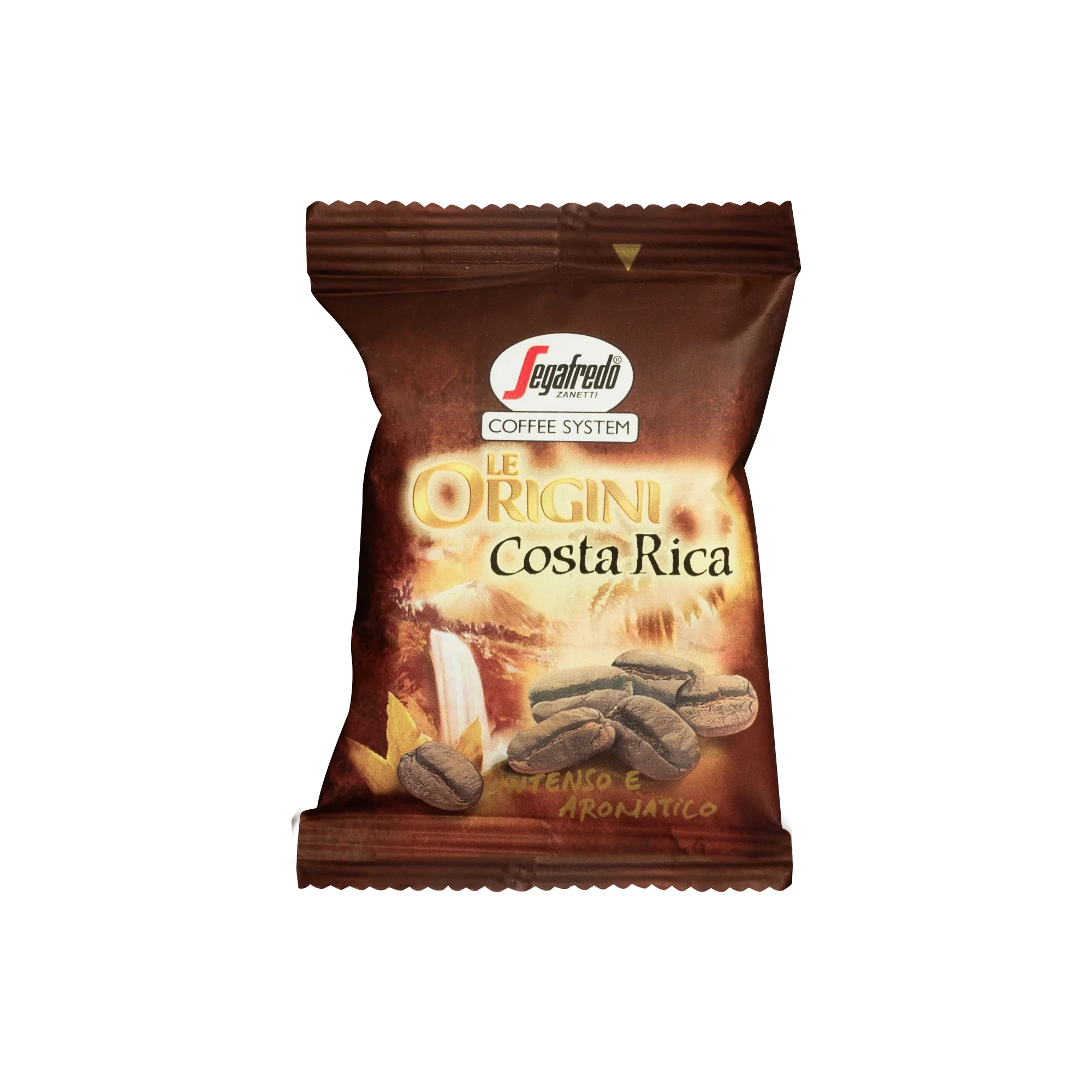 Small brown packet labeled "Segafredo Zanetti® Coffee: Costa Rica Single Origin Espresso Single-Serve Cartridges—Intenso e Aromatico" with a tropical coffee bean image. The package design features a sunrise and coffee beans background, showcasing the rich flavors from the Segafredo Zanetti plantation in Costa Rica.