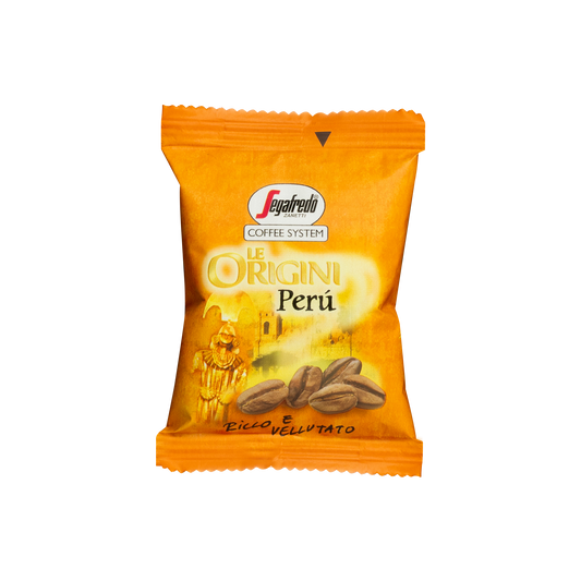 A bright orange coffee pod packet labeled "Le Origini Perù" with an image of coffee beans and Inca statues, produced by Segafredo Zanetti® Coffee. It features Peru Single Origin Espresso Single-Serve Cartridges, boasting rich chocolate overtones.