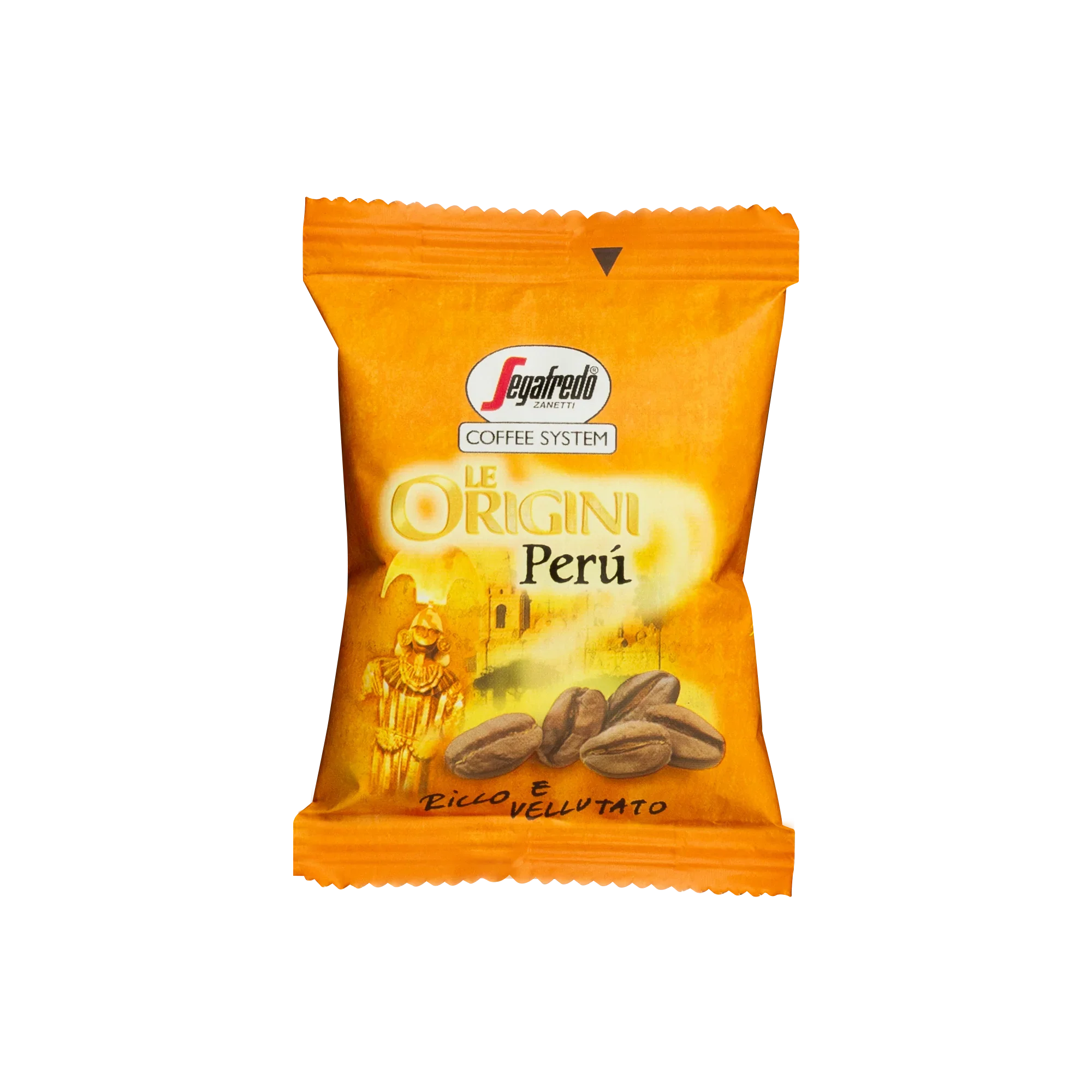 A bright orange coffee pod packet labeled "Le Origini Perù" with an image of coffee beans and Inca statues, produced by Segafredo Zanetti® Coffee. It features Peru Single Origin Espresso Single-Serve Cartridges, boasting rich chocolate overtones.