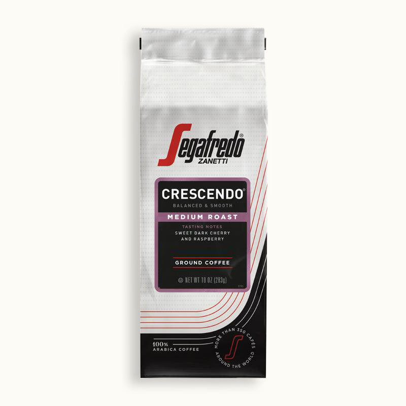 Segafredo Zanetti® Coffee Crescendo Medium Roast, 100% Arabica, features sweet dark cherry and raspberry notes with earthy undertones in classic Italian style. Ground coffee, 12 oz (340g).