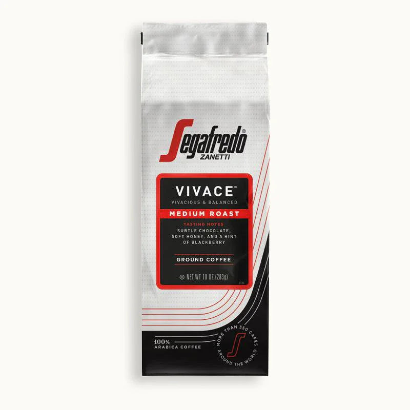 12 oz (340g) bag of Segafredo Zanetti® Coffee Vivace Medium Roast Ground Coffee, featuring chocolate notes, caramel sweetness, and a hint of blackberry.