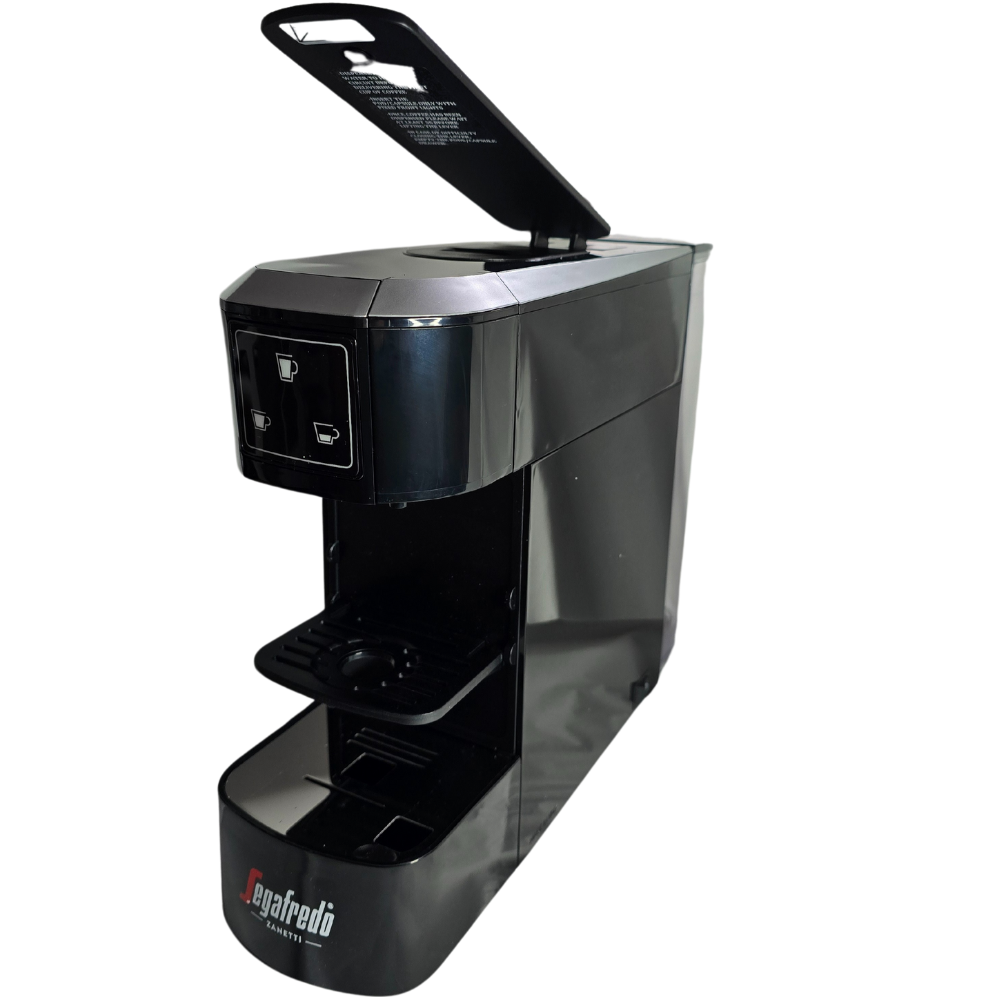 The Segafredo Zanetti® Coffee Sky Extra Espresso Capsule Machine is a black, single-serve coffee maker with an open top lid, designed for brewing individual servings using Segafredo capsules.