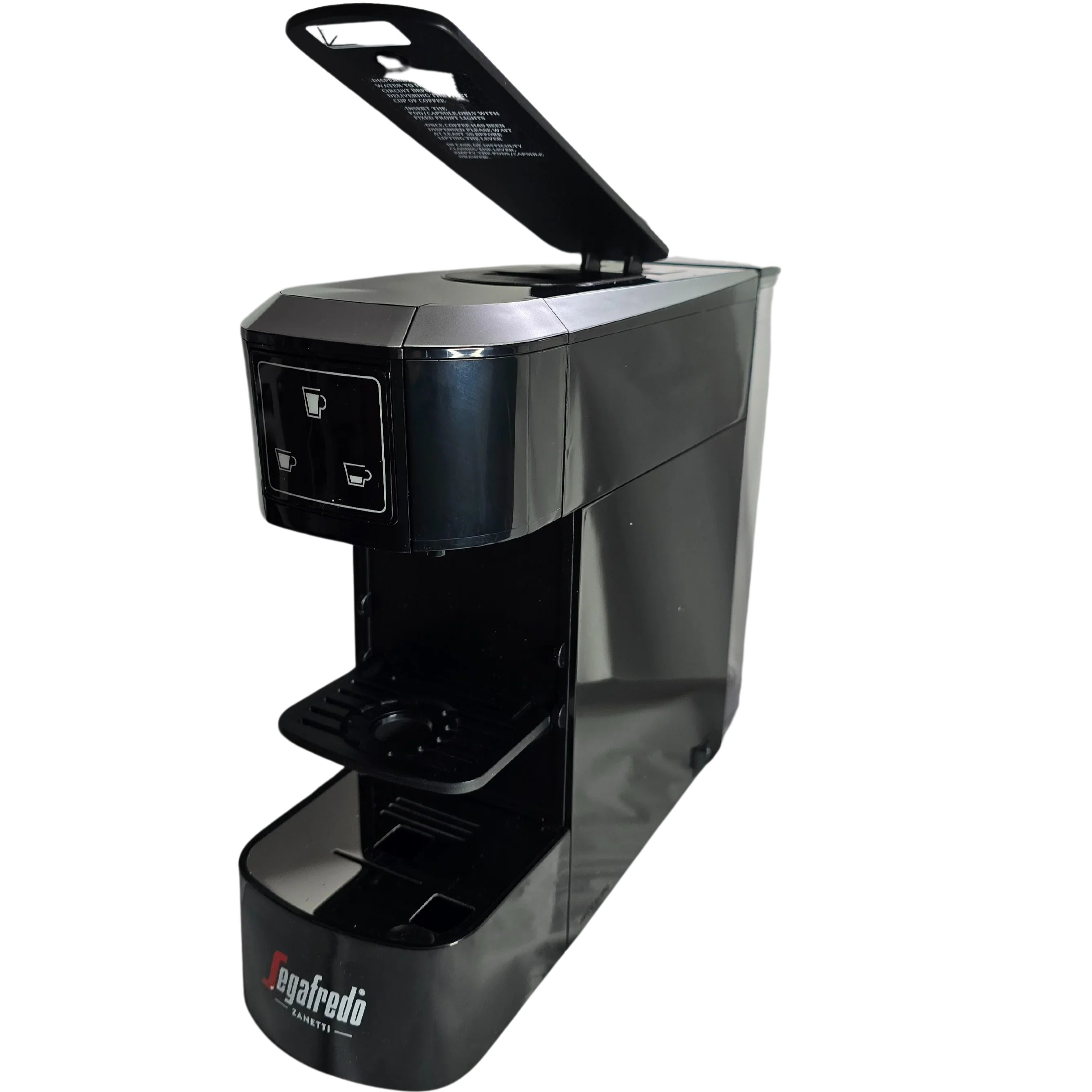 The Segafredo Zanetti® Coffee Sky Extra Espresso Capsule Machine is a black, single-serve coffee maker with an open top lid, designed for brewing individual servings using Segafredo capsules.