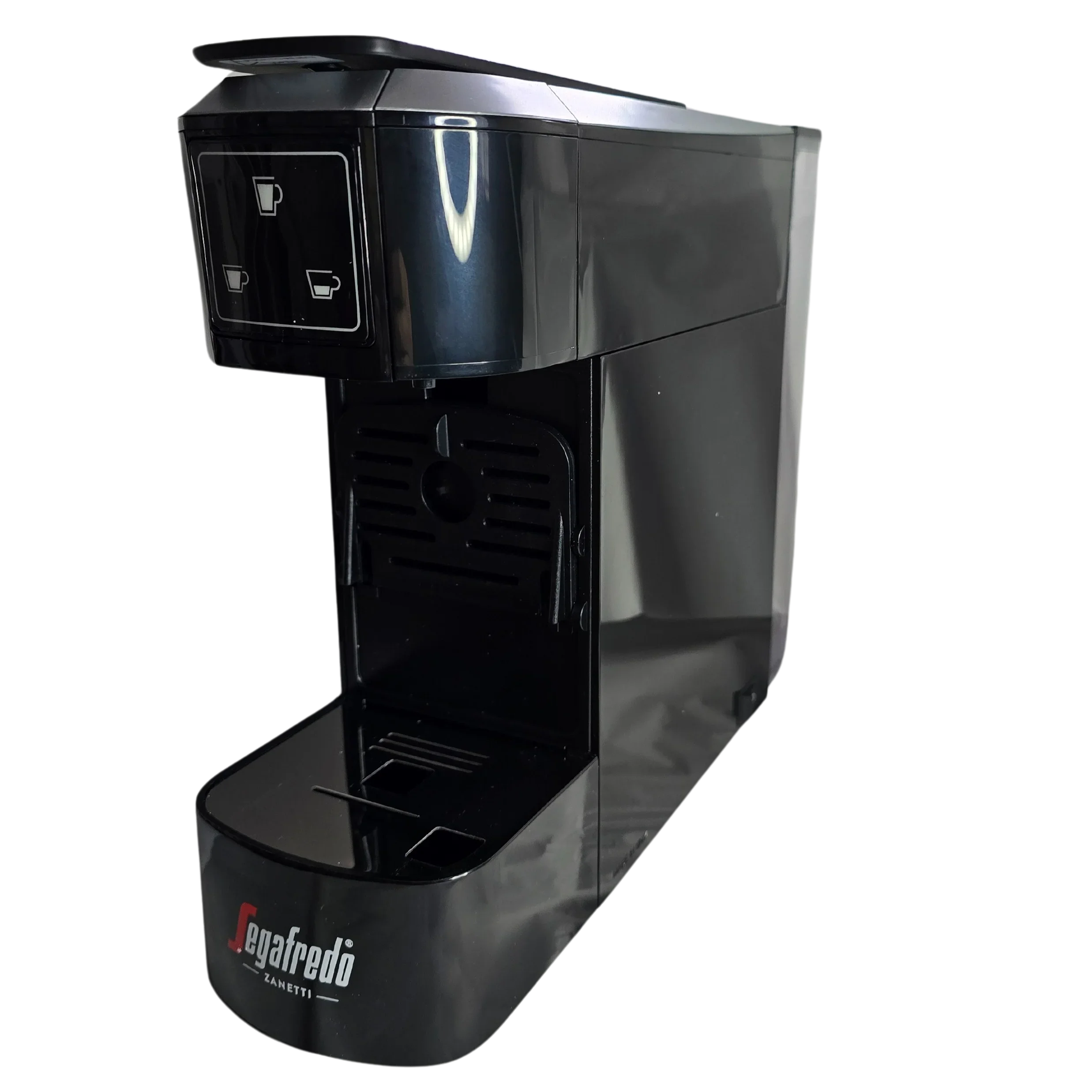 The Segafredo Zanetti® Sky Extra Espresso Capsule Machine is a black single-serve coffee maker with two drink selection buttons, a drip tray, and a compartment for Segafredo capsules.