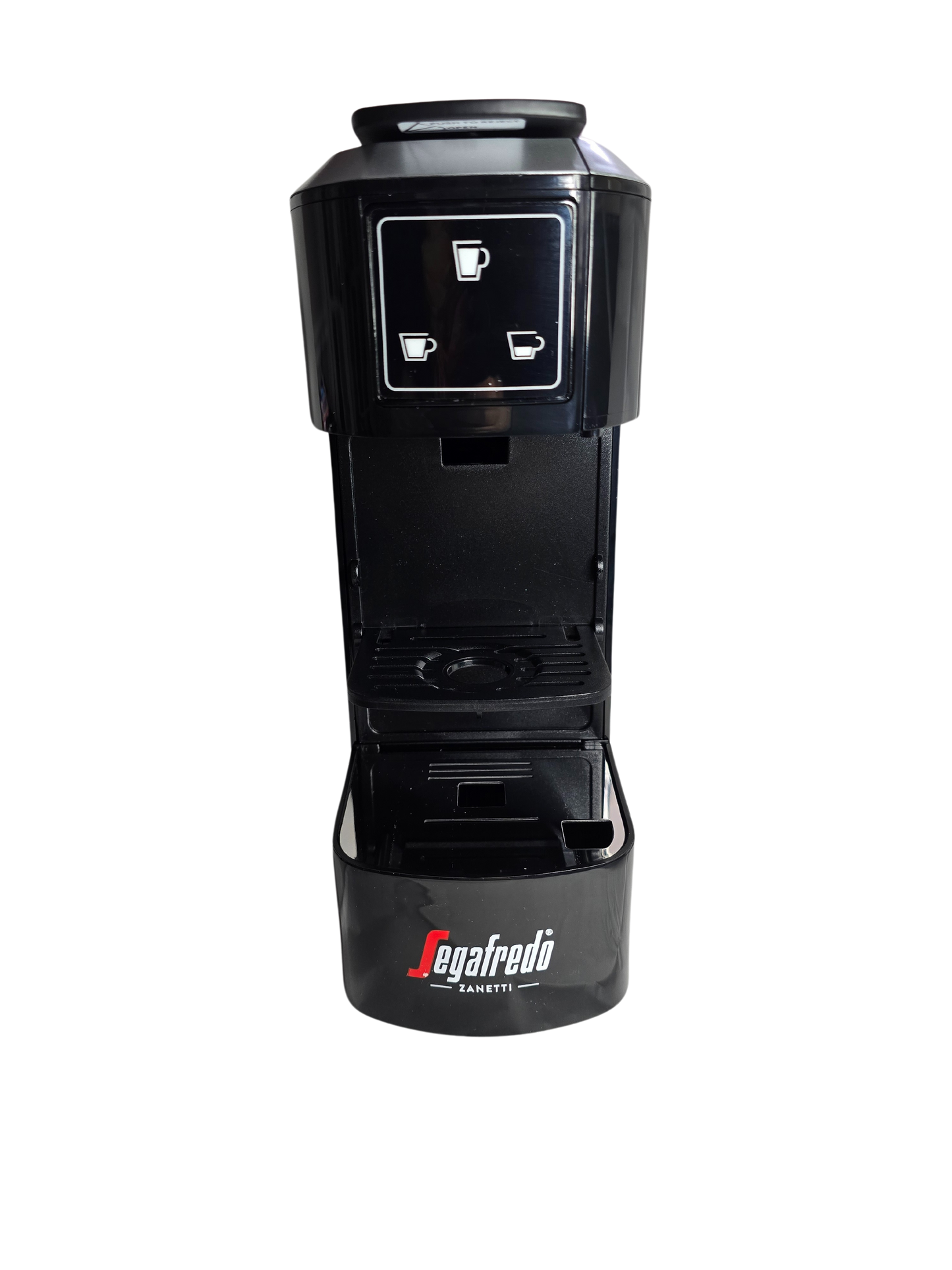 The Segafredo Zanetti® Coffee Sky Extra Espresso Capsule Machine in black features two drink size buttons, shown front-facing against a white background.