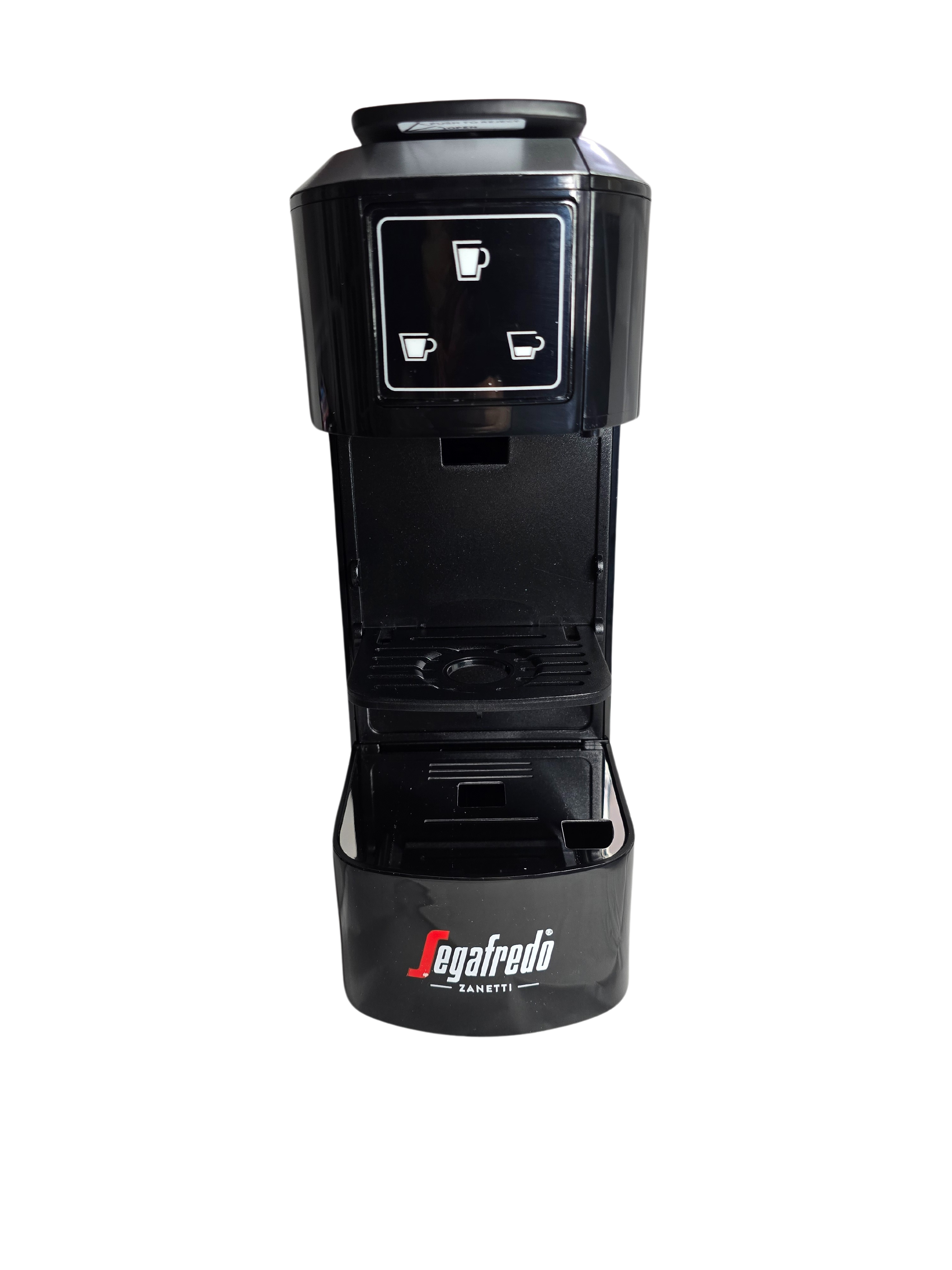 The Segafredo Zanetti® Coffee Sky Extra Espresso Capsule Machine in black features two drink size buttons, shown front-facing against a white background.