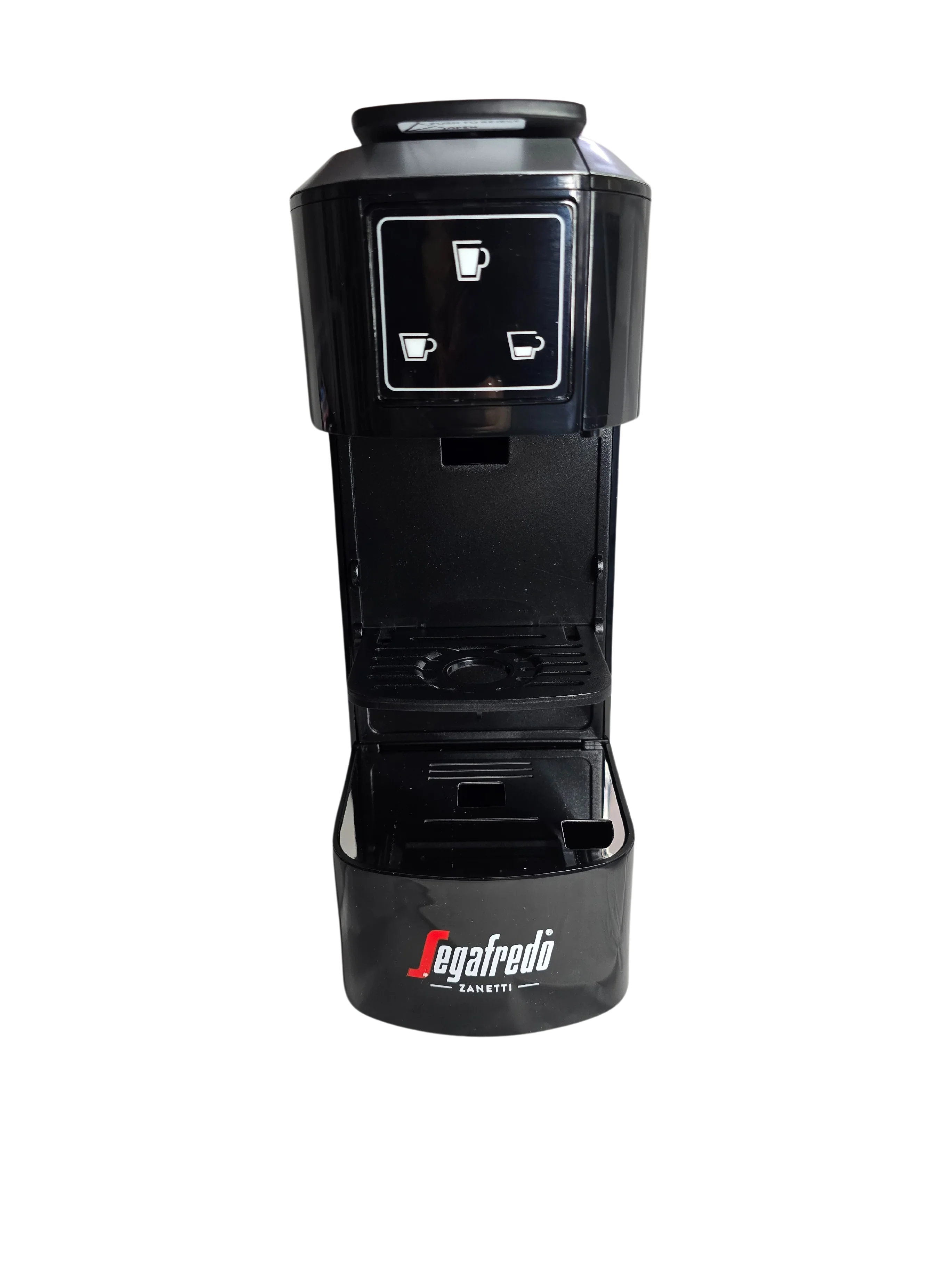 The Segafredo Zanetti® Coffee Sky Extra Espresso Capsule Machine in black features two drink size buttons, shown front-facing against a white background.