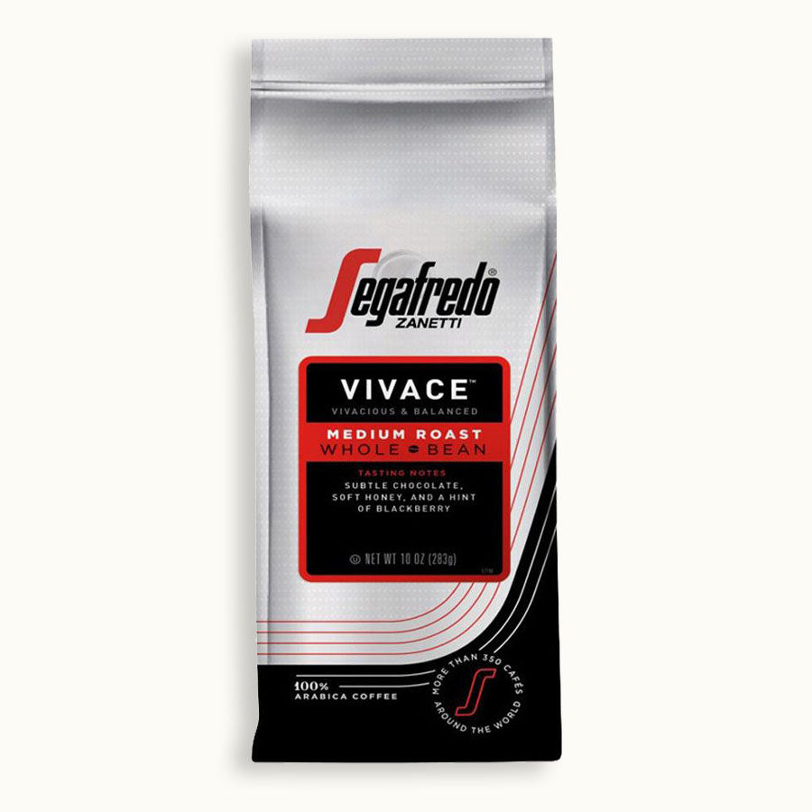 A bag of Vivace Medium Roast Whole Bean Coffee from Segafredo Zanetti® Coffee, 10 oz, with chocolate and caramel notes, offering a full-bodied cup and a hint of honey and blackberry.