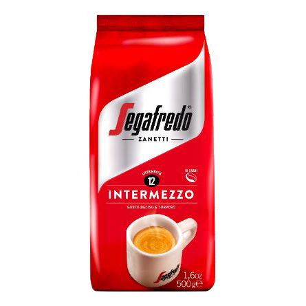 The Intermezzo Whole Bean coffee, 500g bag by Segafredo Zanetti® Coffee, comes in red packaging featuring an espresso cup image. Perfect for dark roast lovers who appreciate a rich blend.