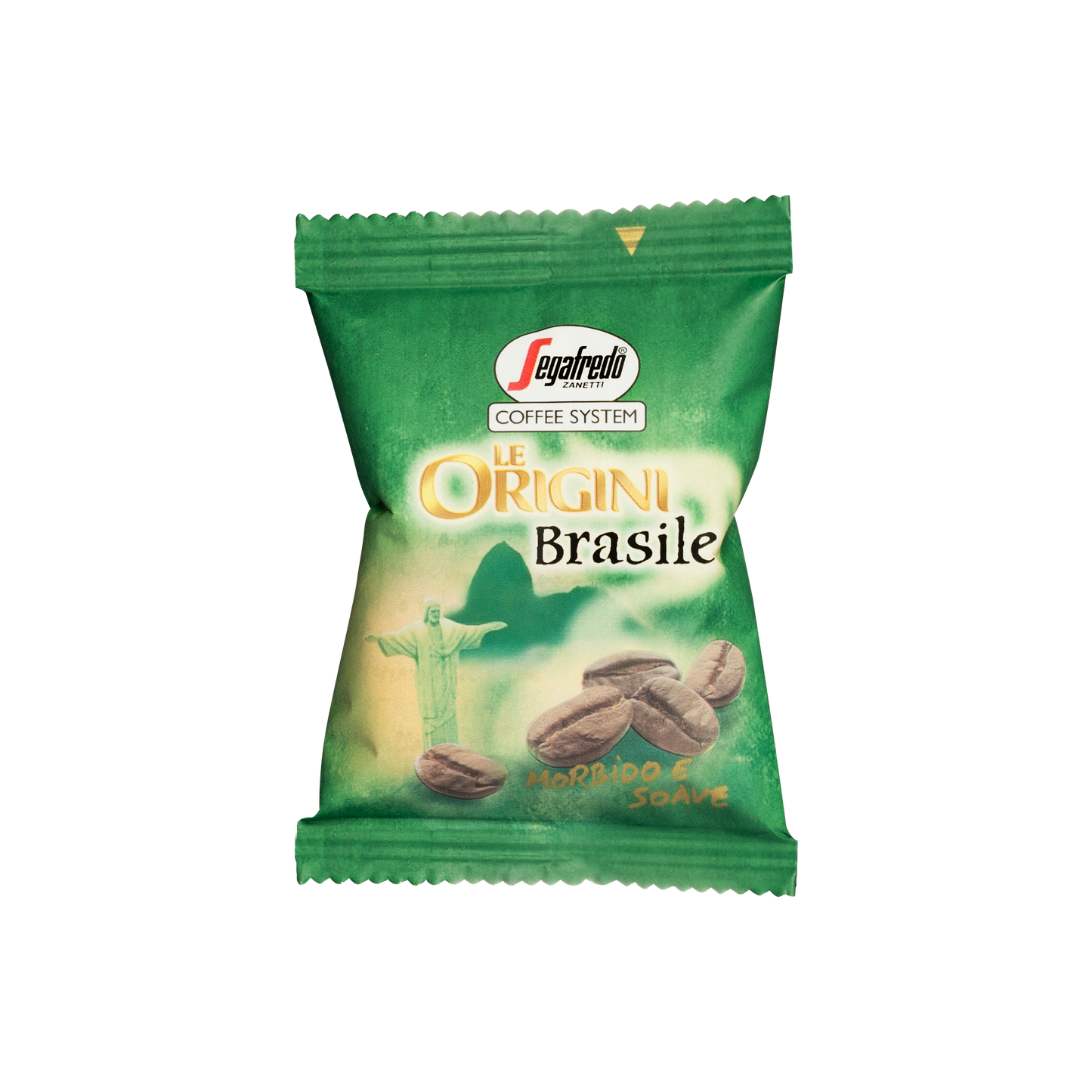 A green Segafredo Zanetti® Coffee packet labeled "Le Origini Brasile" with an image of coffee beans and a statue, featuring text "Morbido & Soave." The Brazilian Single Origin Espresso Single-Serve Cartridges highlight the rich flavors from the Nossa Senhora da Guia plantation.