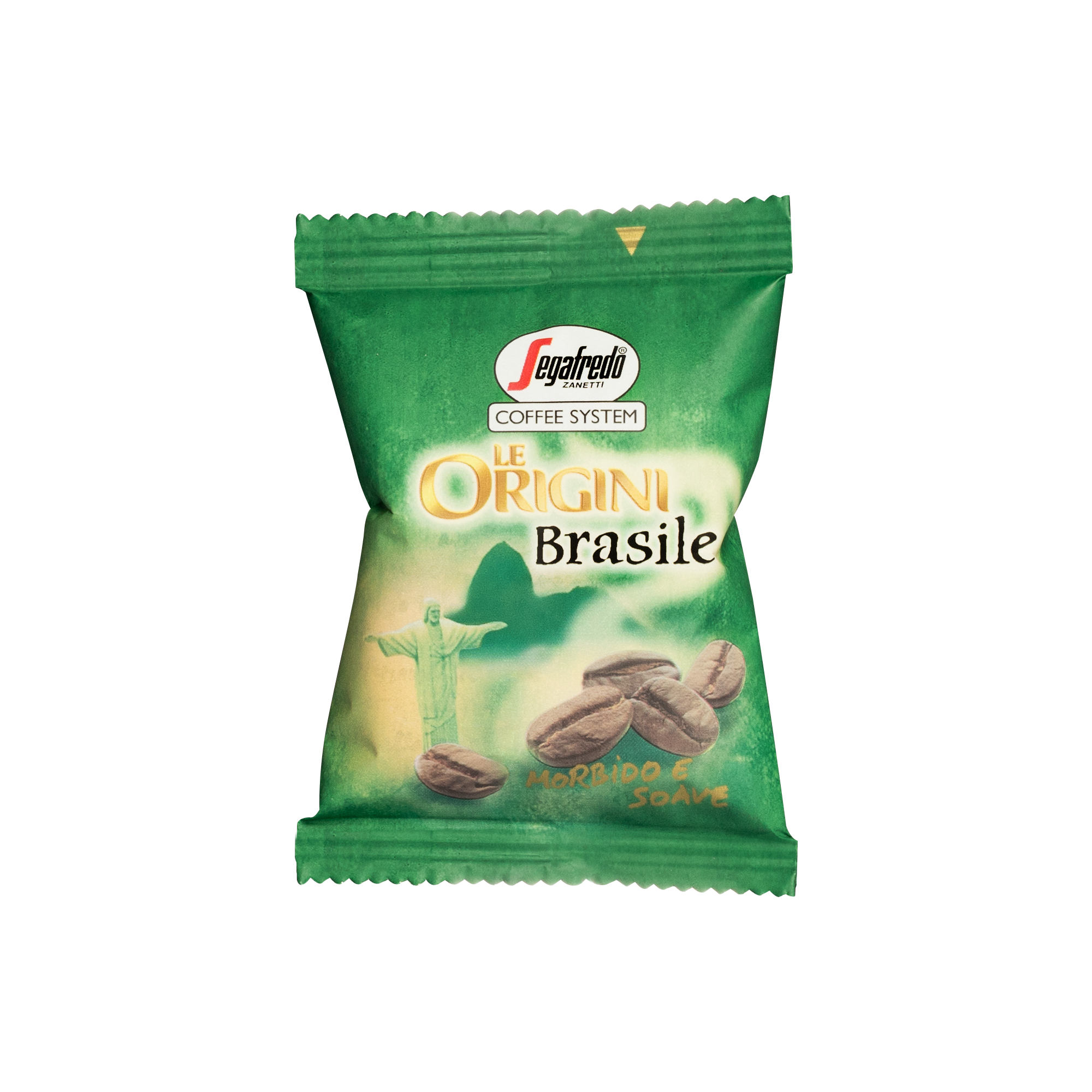 A green Segafredo Zanetti® Coffee packet labeled "Le Origini Brasile" with an image of coffee beans and a statue, featuring text "Morbido & Soave." The Brazilian Single Origin Espresso Single-Serve Cartridges highlight the rich flavors from the Nossa Senhora da Guia plantation.
