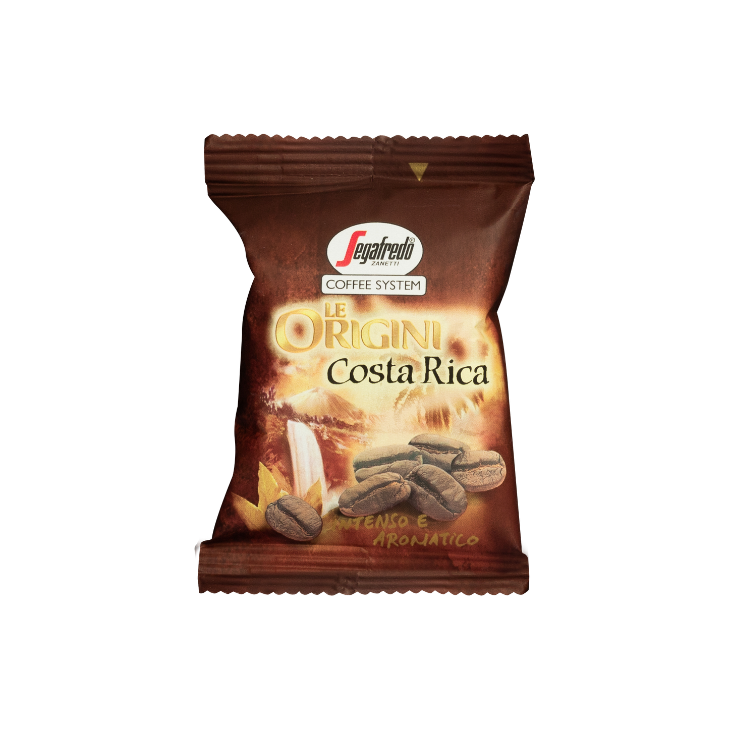 Small brown packet labeled "Segafredo Zanetti® Coffee: Costa Rica Single Origin Espresso Single-Serve Cartridges—Intenso e Aromatico" with a tropical coffee bean image. The package design features a sunrise and coffee beans background, showcasing the rich flavors from the Segafredo Zanetti plantation in Costa Rica.