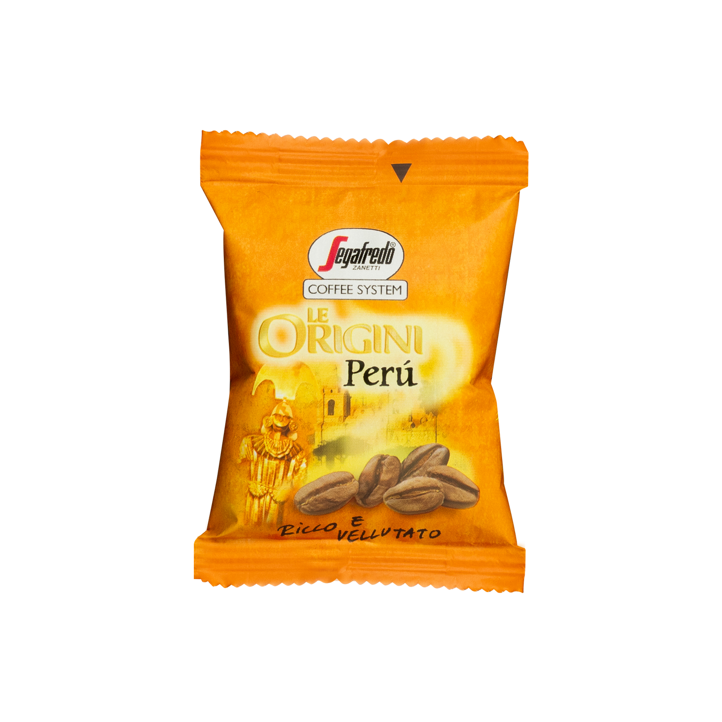 A bright orange coffee pod packet labeled "Le Origini Perù" with an image of coffee beans and Inca statues, produced by Segafredo Zanetti® Coffee. It features Peru Single Origin Espresso Single-Serve Cartridges, boasting rich chocolate overtones.