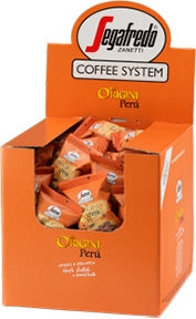 An orange Segafredo Zanetti® Coffee package labeled "Peru Single Origin Espresso Single-Serve Cartridges" with multiple espresso cartridges inside. The front of the box highlights the brand and product name, hinting at delightful chocolate overtones within.