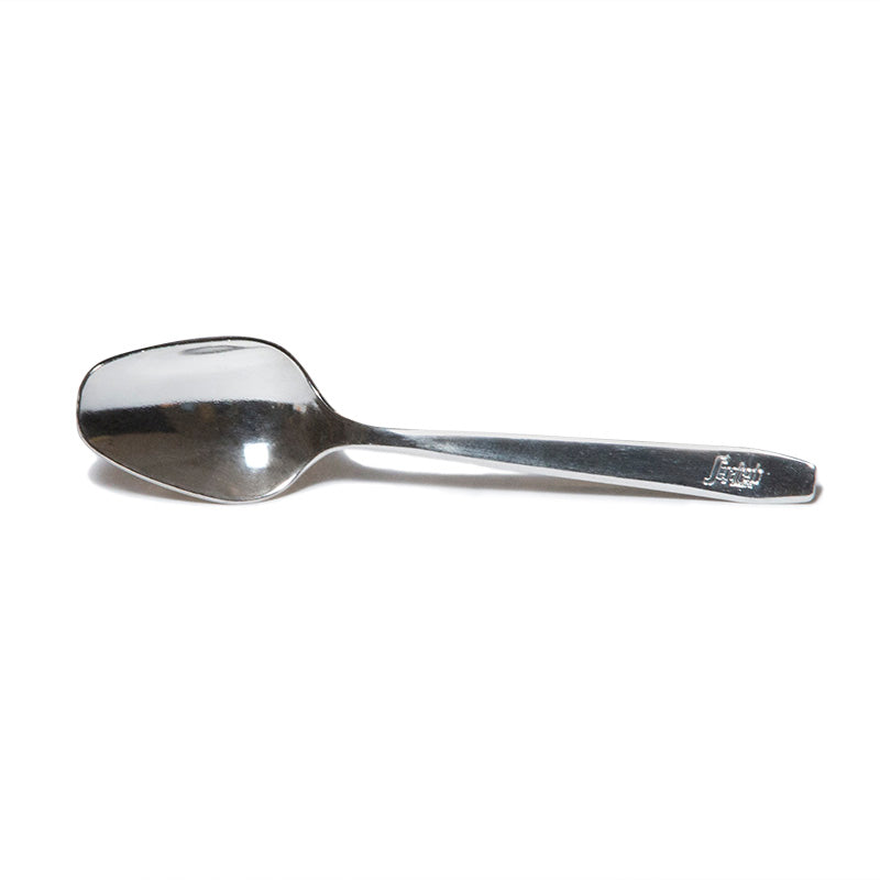 A Segafredo Zanetti Segafredo Engraved Espresso Spoon with a slightly oval-shaped bowl and a reflective handle displaying an engraved Segafredo logo.