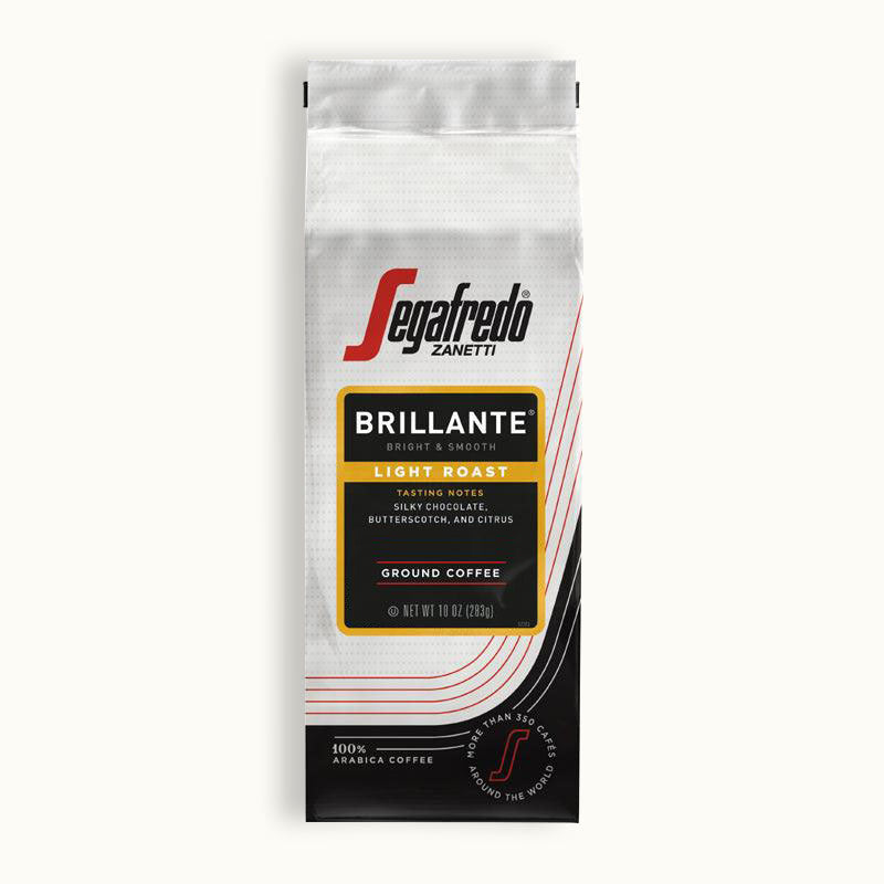 A 10 oz bag of Segafredo Zanetti® Coffee Brillante Light Roast, made from premium Arabica beans with flavors of silky chocolate, butterscotch, and citrus.