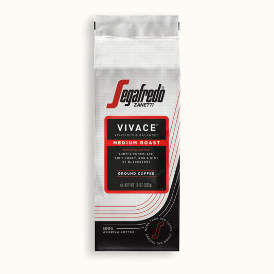 12 oz (340g) bag of Segafredo Zanetti® Coffee Vivace Medium Roast Ground Coffee, featuring chocolate notes, caramel sweetness, and a hint of blackberry.