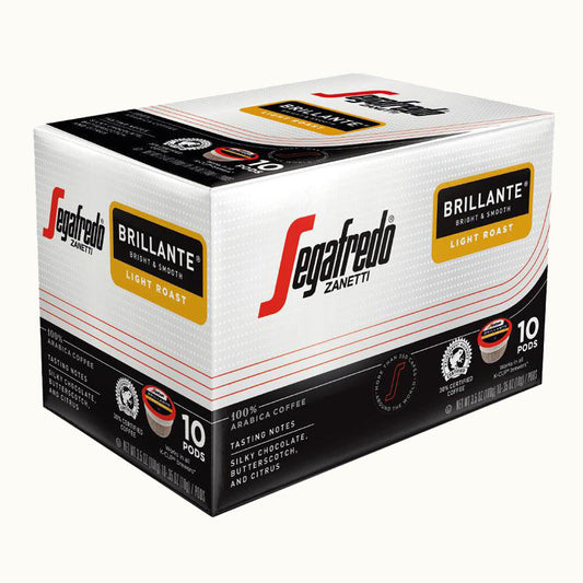 Delight in a box of Segafredo Zanetti® Coffee Brillante Light Roast K-Cup® Pods, designed for KEURIG 2.0 brewers. Crafted from Colombian and Sumatran Arabicas, each of the 10 pods offers delicious tasting notes of milk chocolate and citrus.