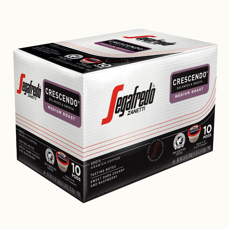 A box of Segafredo Zanetti® Coffee Crescendo Medium Roast Keurig K-Cup® Pods, containing 10 single-serve pods. The box highlights 100% Arabica Italian coffee with sweet dark cherry and raspberry tasting notes, perfect for K-CUP brewers.