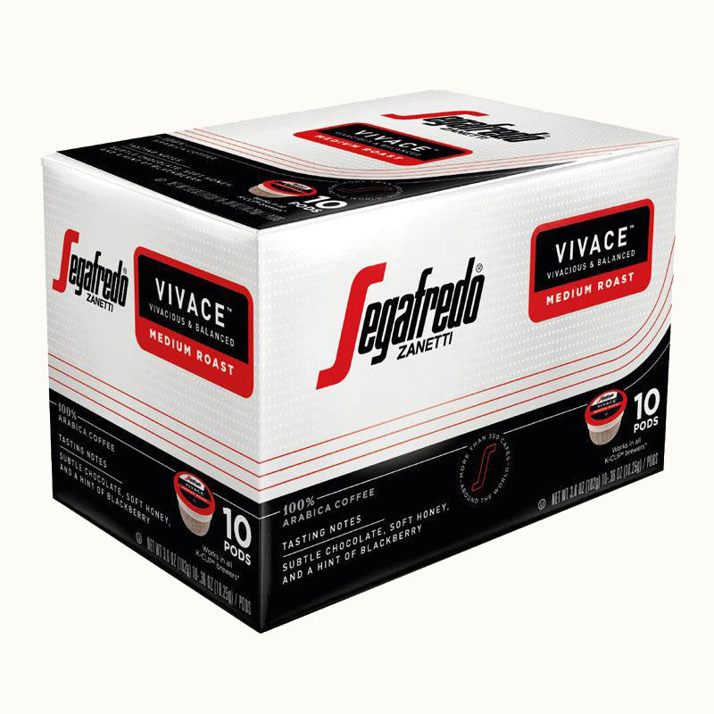 A box of Segafredo Zanetti® Coffee Vivace Medium Roast Keurig K-Cup® Pods, containing 10 KEURIG 2.0 compatible single-serve coffee pods. The box is primarily white with red and black accents and has text detailing the Latin American blend flavor and origin.
