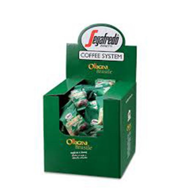 A green Segafredo Zanetti® Coffee box labeled "Olio d'Oliva Brsilie" filled with individually wrapped Brazilian Single Origin Espresso Single-Serve Cartridges from the Nossa Senhora da Guia plantation.