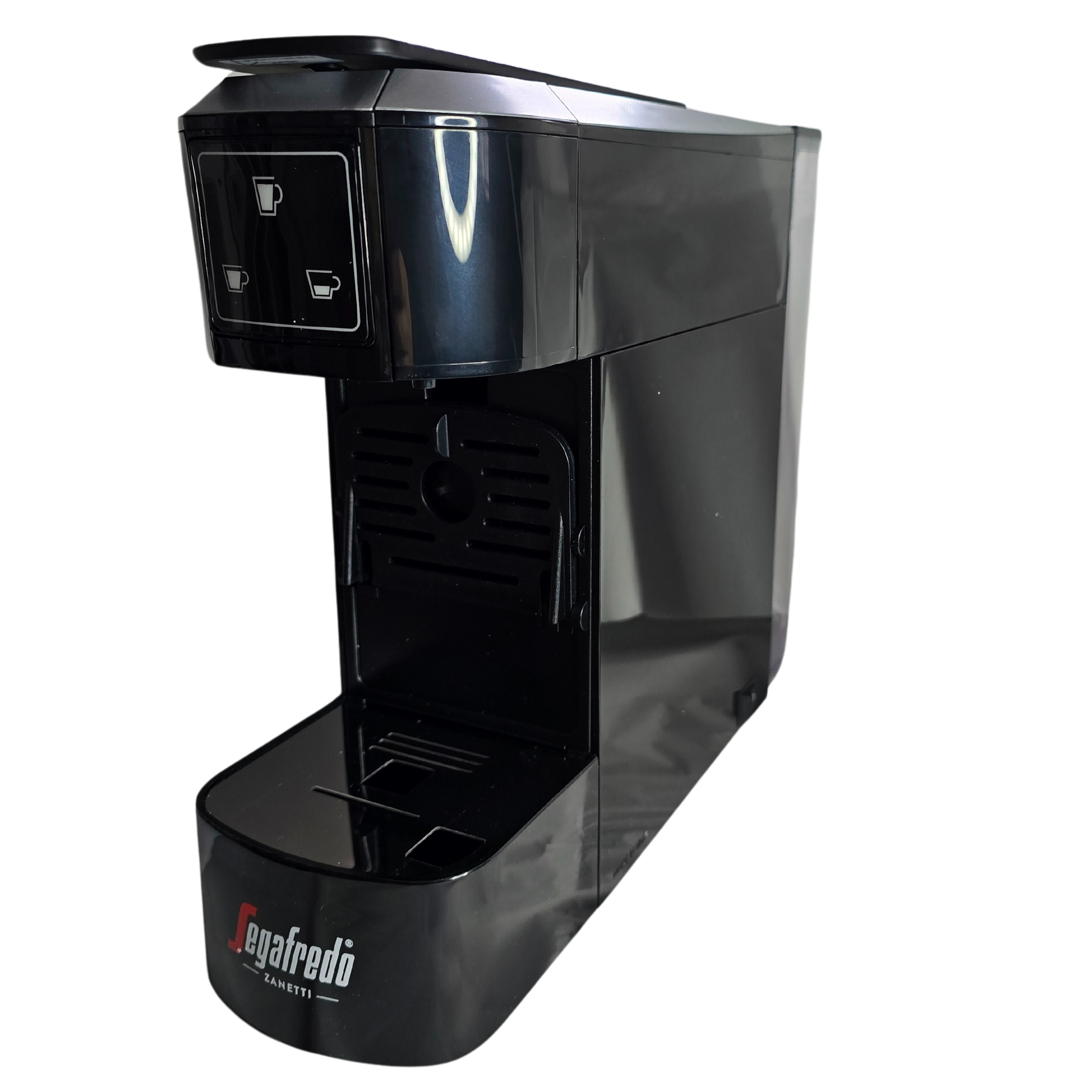 The Segafredo Zanetti® Sky Extra Espresso Capsule Machine is a black single-serve coffee maker with two drink selection buttons, a drip tray, and a compartment for Segafredo capsules.