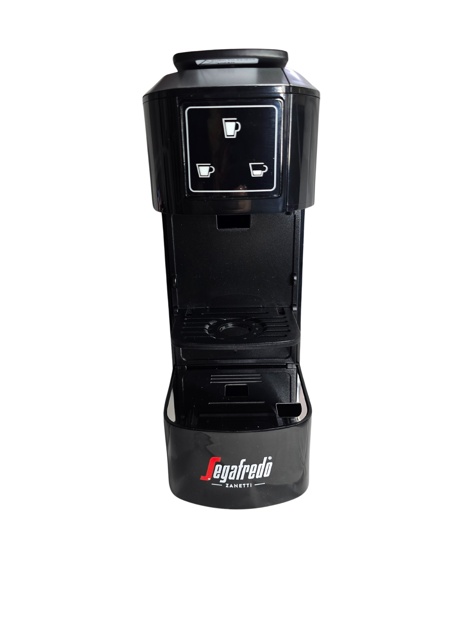The Segafredo Zanetti® Coffee Sky Extra Espresso Capsule Machine in black features two drink size buttons, shown front-facing against a white background.