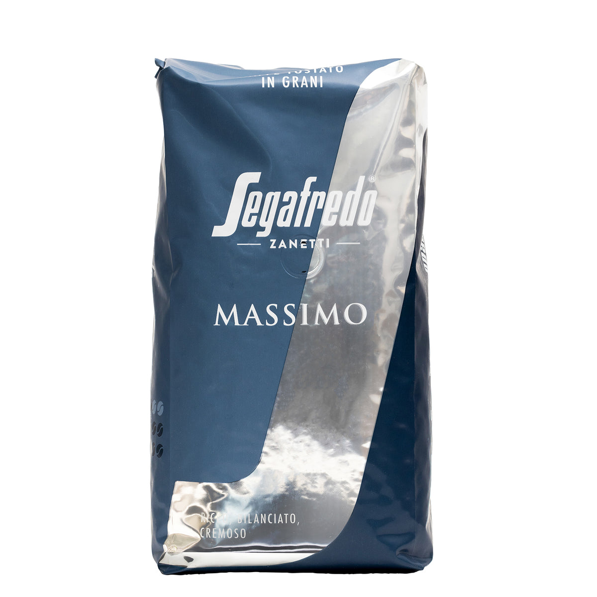 A blue and silver bag of Segafredo Massimo Whole Bean Espresso.