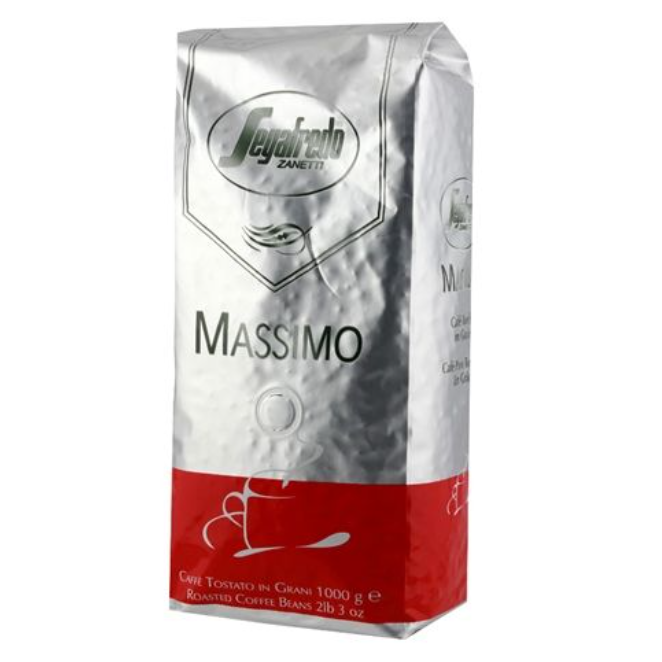 A silver and red 1kg bag of Segafredo Massimo Whole Bean Espresso stands upright, featuring prominent branding and product information—ideal for those who savor the rich flavor of Segafredo’s Massimo blend, expertly crafted to deliver an authentic Italian espresso experience.